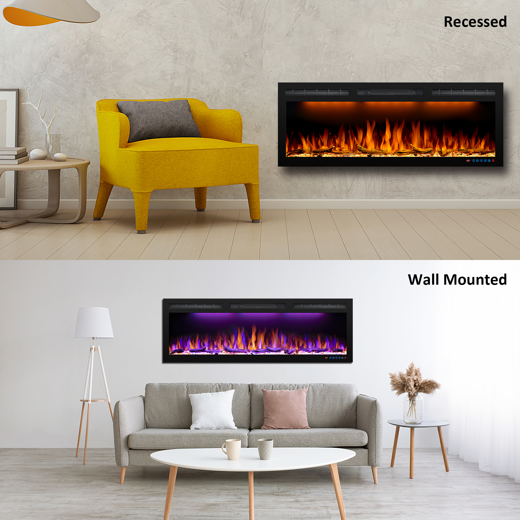 Electric Fireplace with Ultra Slim Frame, Recessed In Wall & Wall Mounted Fireplace Inserts with Remote, Multicolor Flame, Logs & Crystal, Overheating Protection, Black