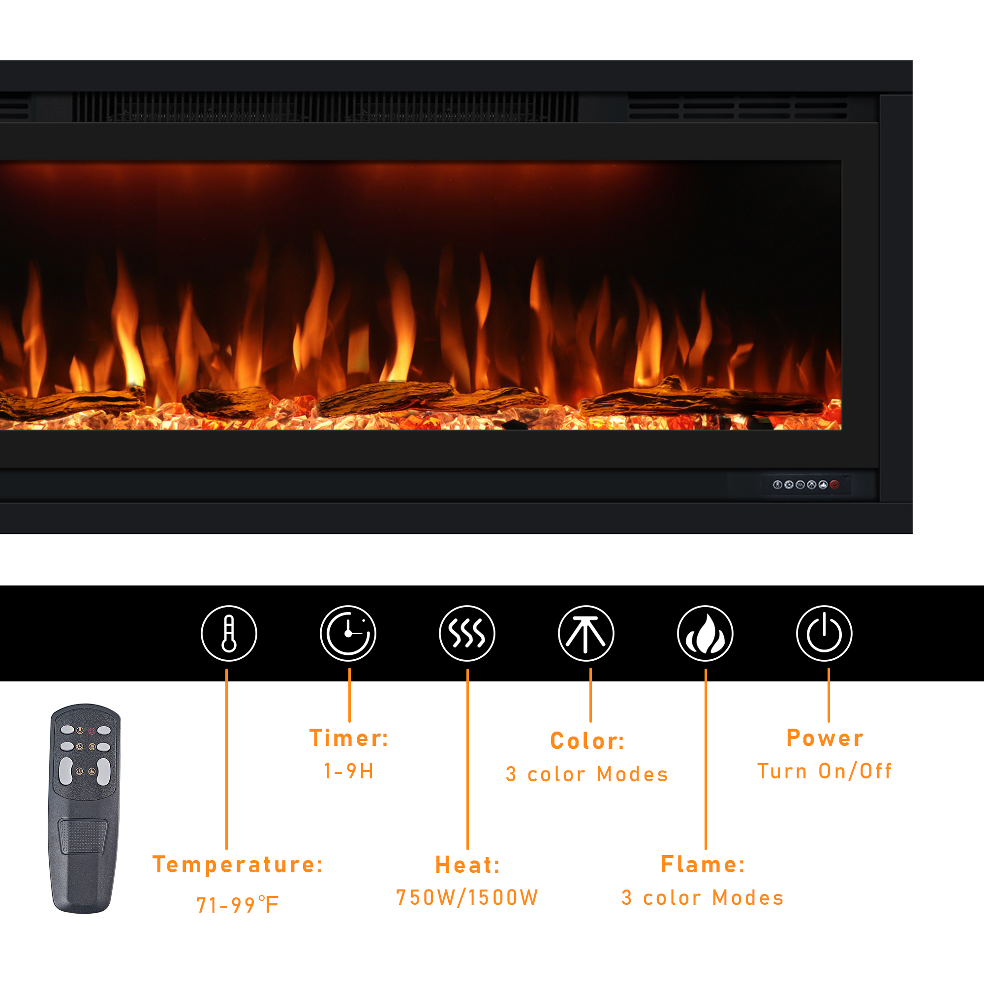 Modern Electirc Fireplace, Recessed and Wall Mounted Fireplace Heater with Remote, Slim Electirc Fireplace Inserts with Realistic Visual Effect 