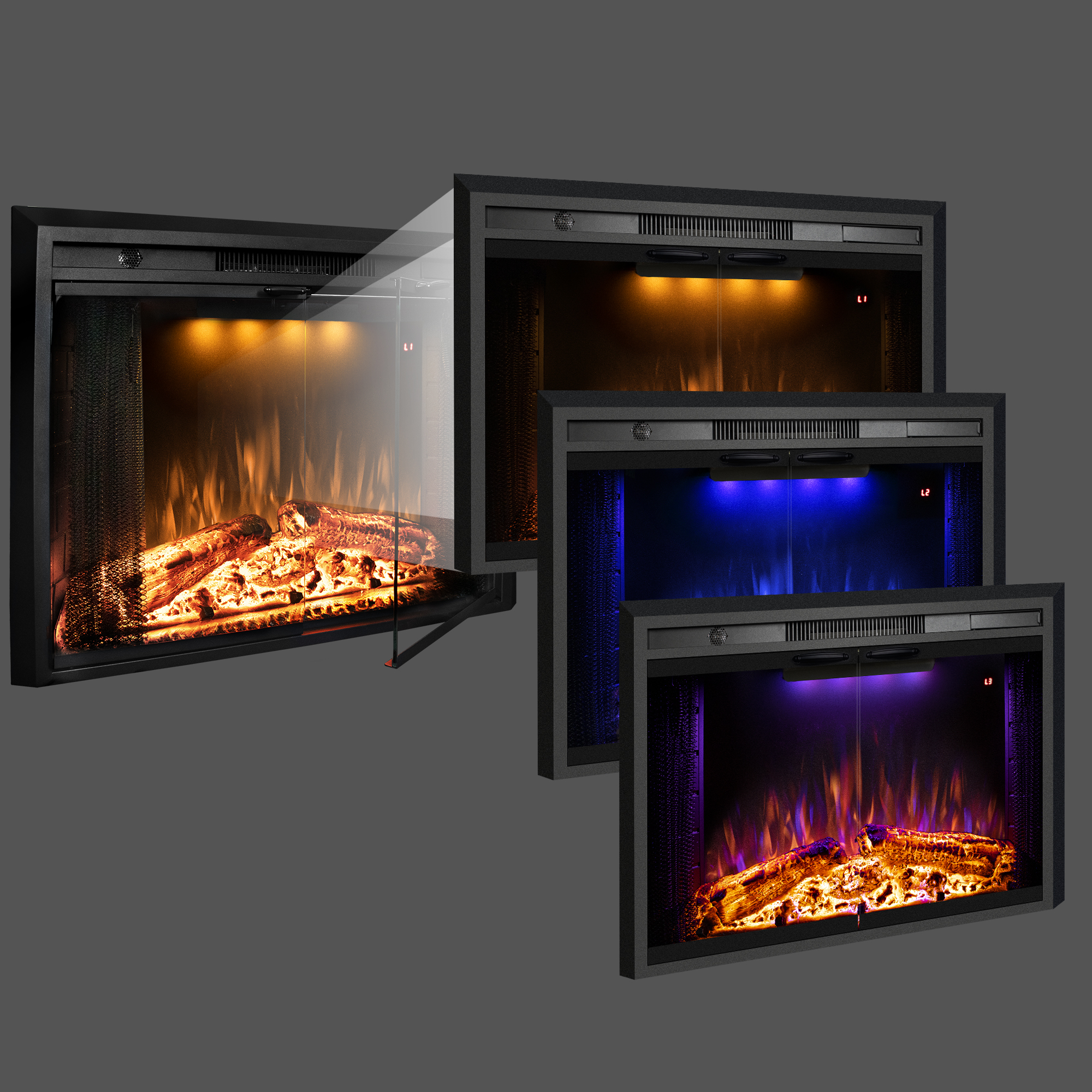 Electric Fireplace Inserts with Glass Door and Mesh Screen, Multicolor Flames & Fire Crackling Sounds, Timer, Overheating Protection Fireplace Heater, 750/1500W