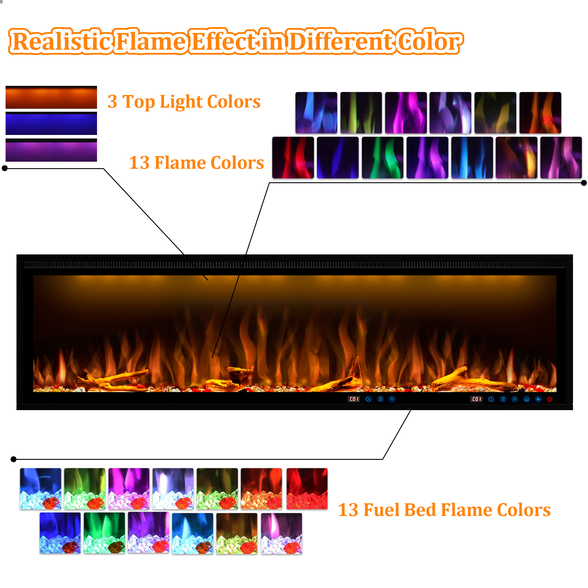 Smart Electric Fireplace, Recessed & Wall Mounted Fireplace, 13*13*3 Color Combinations, App Control Fireplace Heater, Timer