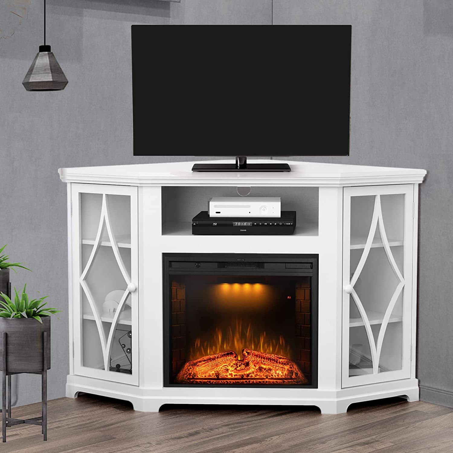 56" Corner Fireplace TV Stand for TV's up to 65 Inches, 25" Electric Fireplace, White
