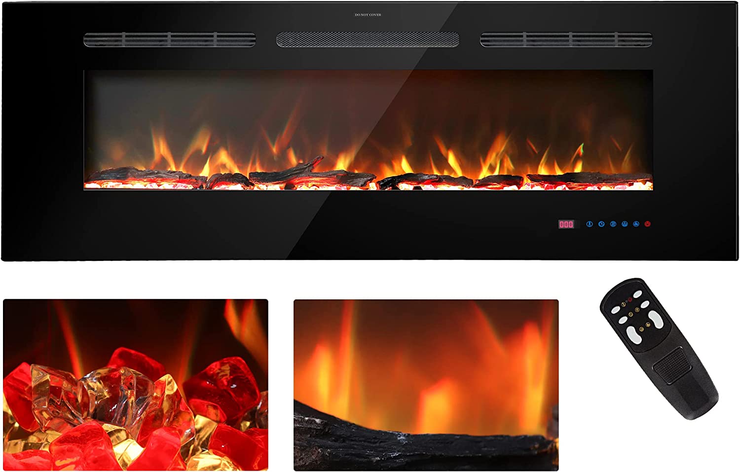 Electric Fireplace Inserts with Multicolor Flame, Log & Crystal, Timer, Recessed and Wall Mounted, 750W/1500W 